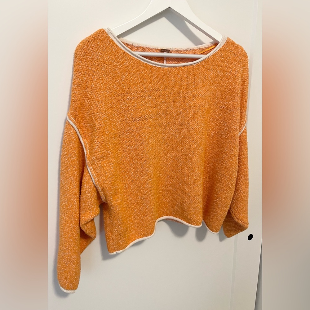 Free People Bardot Cropped Orange Textured Knit Boat Neck Long Sleeve Sweater XS - Picture 4 of 10
